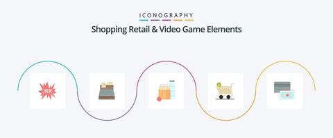 winkelen kleinhandel en video spel elementen vlak 5 icoon pak inclusief credit. kar. melk. winkelen. trolly vector
