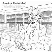 een glimlachen wit vrouw apotheker staand achter een apotheek teller vector