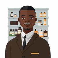 een volwassen zwart Mens werken een apotheker, met plank van apotheek verdovende middelen in de achtergrond vector