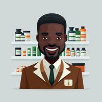 een volwassen zwart Mens werken een apotheker, met plank van apotheek verdovende middelen in de achtergrond vector