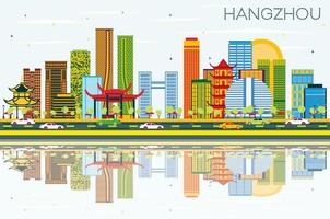 Hangzhou China horizon met kleur gebouwen, blauw lucht en reflecties. vector