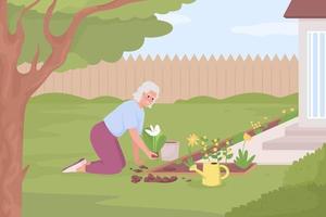 tuinieren hobby voor senior vlak kleur vector illustratie. ouderen vrouw aanplant bloem bedden in tuin. ten volle bewerkbare 2d gemakkelijk tekenfilm karakter met groen landschap en huis hek Aan achtergrond