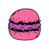 macaron biscuit koekjes gemaakt van amandel meel. heerlijk Frans nagerecht, zoet ronde taart met roze room. vlak tekenfilm clip art geïsoleerd Aan wit. hand- getrokken vector icoon. voor menu, affiches, prints