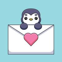 schattig pinguïn Holding een liefde brief tekenfilm mascotte tekening kunst hand- getrokken schets concept vector kawaii icoon illustratie