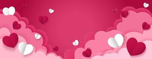 hart papier besnoeiing . horizontaal banier met roze lucht en papier besnoeiing wolken. plaats voor tekst. gelukkig Valentijnsdag dag uitverkoop hoofd of tegoedbon sjabloon met harten. vector