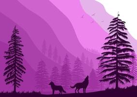 landschap met Purper natuur wolf silhouet vector illustratie