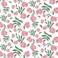 een patroon van roze roos bloemknoppen met groen twijgen Aan een wit achtergrond. delicaat achtergrond voor het drukken Aan papier en textiel. afdrukken voor verpakking, ansichtkaarten voor moeder dag, Valentijnsdag dag, verjaardag vector
