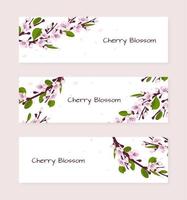 drie banners met vers roze decoratief kers bloesems of kers bloeit. Japans cultuur. vector illustratie