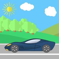 donker blauw sport auto Aan een weg Aan een zonnig dag. zomer reizen illustratie. auto over- landschap. vector