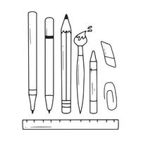 reeks van school- artikelen. vector illustratie. tekening stijl. verzameling van school- elementen. terug naar school. pen, potlood, gom, heerser, krijt.
