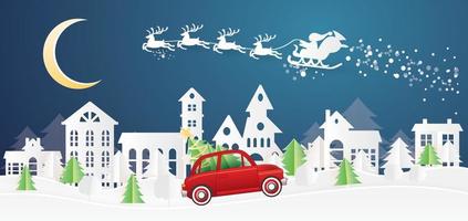Kerstmis dorp en de kerstman claus in slee in papier besnoeiing stijl. rood vrachtauto dragen Kerstmis boom. vector