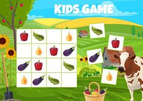 sudoku kinderen spel boerderij dieren, fruit, groenten vector