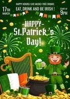 uitnodiging st. patricks dag, elf van Ierse folklore, goud harp vector