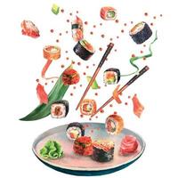 waterverf illustratie van heerlijk sushi en broodjes reeks met eetstokjes en bord in beweging Aan wit achtergrond. vector