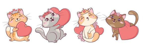 verzameling van kawaii schattig Valentijn katten in verschillend poses met harten en bloemen vector