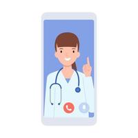 smartphone met een video telefoontje Aan scherm. de meisje dokter zegt iets, verhogen haar vinger omhoog. modern Gezondheid zorg Diensten en online telegeneeskunde concept. vlak vector illustratie.