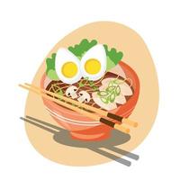 Aziatisch eten. soep ramen, traditioneel Aziatisch soep. Japans soep met ei, kip en noedels vector