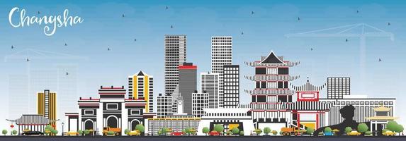 Changsha China stad horizon met grijs gebouwen en blauw lucht. vector