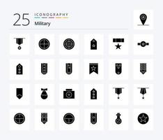 leger 25 solide glyph icoon pak inclusief medaille. prijs. soldaat. label. rang vector