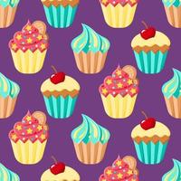 cupcakes vector naadloos patroon. tekenfilm kleurrijk desserts Aan Purper backdrop