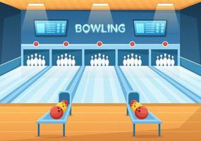 bowling spel illustratie met pinnen, ballen en scoreborden in een sport club voor web banier of landen bladzijde in vlak tekenfilm hand- getrokken Sjablonen vector