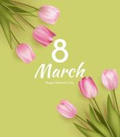 8 maart groet banier met roze realistisch tulp bloem boeket achtergrond. poster, folder, groet kaart, website hoofd vector illustratie. sjabloon voor reclame, web, sociaal media groen kleur.