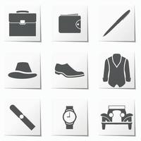 reeks van pictogrammen Aan een thema accessoires voor mannen icoon, retro, krom papier effect in grijs vector