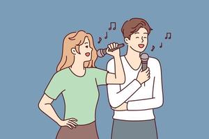 Mens en vrouw met microfoons uitvoeren lied terwijl genieten van karaoke breken Aan dag uit. paar van vent en meisje droom van worden beroemd zangers, trein prestatie van beroemd liedjes. vlak vector beeld