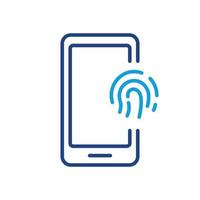 tintje ID kaart in mobiele telefoon lijn icoon. vingerafdruk identificatie Aan mobiel telefoon teken. vinger afdrukken scanner Aan smartphone schets icoon. biometrisch identiteit. bewerkbare hartinfarct. geïsoleerd vector illustratie.