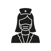 professioneel dokter in gezicht masker silhouet icoon. vrouw artsen specialist en assistent glyph zwart pictogram. geïsoleerd vector illustratie.