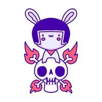 zoet baby konijn vervelend helm met vlammend schedel tekening kunst, illustratie voor t-shirt, sticker, of kleding handelswaar. met modern knal en kawaii stijl vector