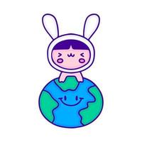 grappig baby in konijn kostuum met aarde planeet tekening kunst, illustratie voor t-shirt, sticker, of kleding handelswaar. met modern knal en kawaii stijl. vector