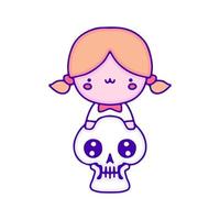 zoet baby meisje met schattig schedel tekening kunst, illustratie voor t-shirt, sticker, of kleding handelswaar. met modern knal en kawaii stijl. vector