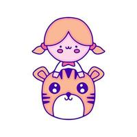 zoet baby meisje met schattig tijger tekening kunst, illustratie voor t-shirt, sticker, of kleding handelswaar. met modern knal en kawaii stijl. vector