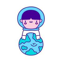 zoet baby astronaut met aarde planeet tekening kunst, illustratie voor t-shirt, sticker, of kleding handelswaar. met modern knal en kawaii stijl. vector