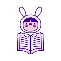 schattig baby in konijn kostuum met boek tekening kunst, illustratie voor t-shirt, sticker, of kleding handelswaar. met modern knal en kawaii stijl. vector