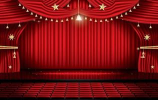 rood stadium gordijn met stoelen en kopiëren ruimte. theater, opera of bioscoop tafereel. vector