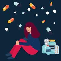 drug verslaafd meisje zittend Aan reusachtig pil vlak vector illustratie. vrouw hebben depressie, nemen hormonaal pillen. depressie, antidepressiva concept