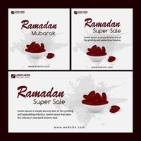 Ramadan kareem groet met kom van ajwa datums fruit vector sociaal media ontwerp, eid al fitr post ontwerp
