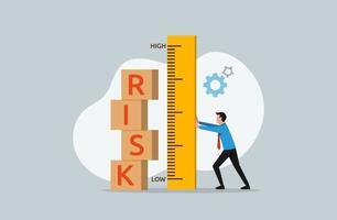 risico beoordeling en onderzoek, analyseren potentieel Gevaar niveau, zakenman meten risico dozen met heerser symbool vector