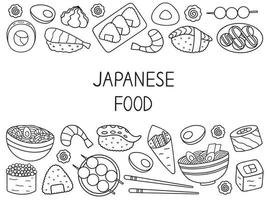Japans voedsel tekening set. Aziatisch keuken. ramen, sushi, onigiri, dango in schetsen stijl. hand- getrokken vector illustratie geïsoleerd Aan wit achtergrond