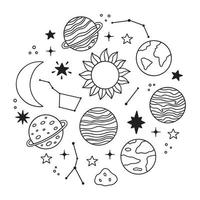 ruimte tekening set. planeten, sterren, sterrenbeelden, maan in schetsen stijl. zonne- systeem. hand- getrokken vector illustratie geïsoleerd Aan wit achtergrond