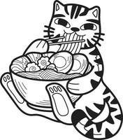 hand- getrokken gestreept kat aan het eten noedels illustratie in tekening stijl vector