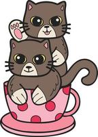 hand- getrokken kat of katje met koffie mok illustratie in tekening stijl vector