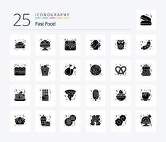 snel voedsel 25 solide glyph icoon pak inclusief voedsel. barbecue. hamburger. voedsel. ui ring vector