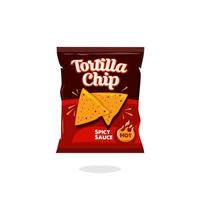 pittig heet tussendoortje tortilla chips zak plastic verpakking ontwerp illustratie icoon voor voedsel en drank bedrijf, aardappel tussendoortje branding element logo vector. vector