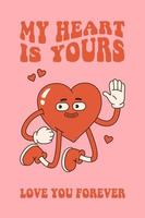 groovy lief hart poster. liefde concept. gelukkig valentijnsdag dag groet kaart. roze en rood kleuren. vector