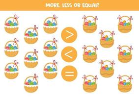 meer, minder, Gelijk met Pasen manden. wiskunde spel voor kinderen. vector