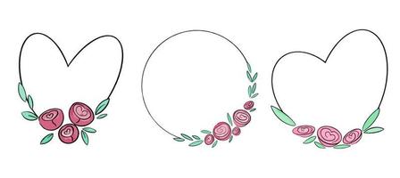 verzameling van vector kaders in de vorm van een hart en waterverf rozen en pioenrozen. illustraties voor liefde en Valentijnsdag dag.