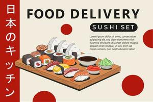 Aziatisch voedsel, Japans voedsel. voor levering plaatsen, sushi broodjes onigiri soja saus, ramen, wok, noedels vector